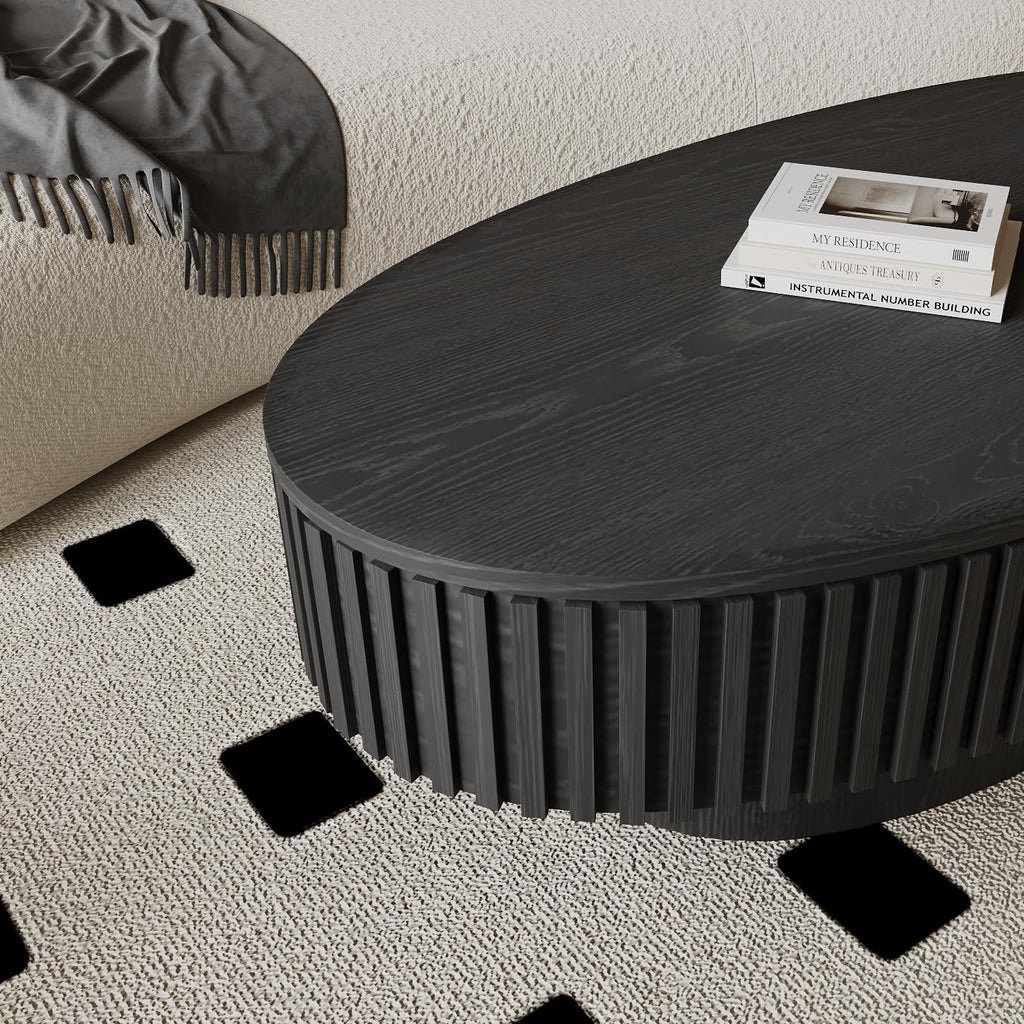 Henf 47' Oval Wood Coffee Table with Storage, Modern Handcraft Coffee Table Wooden Elliptic Sofa Center Table for Living Room Apartment Home Office, Easy Assembled (Black)