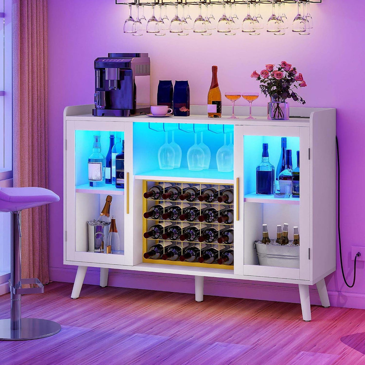 DWVO Wine Bar Cabinet with Led Lights & Power Outlets, 53' Coffee Bar Cabinet for Liquor and Glasses, Modern Buffet Sideboard with Storage for Kitchen, Dining & Living Room, White