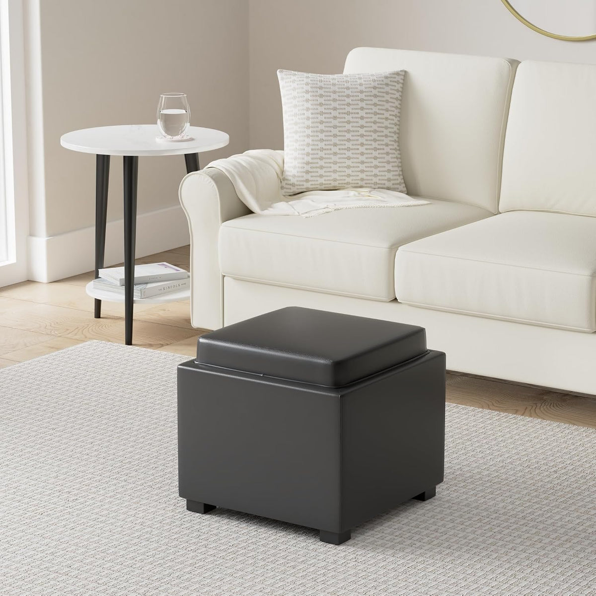 CHITA Storage Ottoman Cube with Tray Lid, Small Footstool with Storage, Square End Table for Living Room and Bedroom, Faux Leather in Black