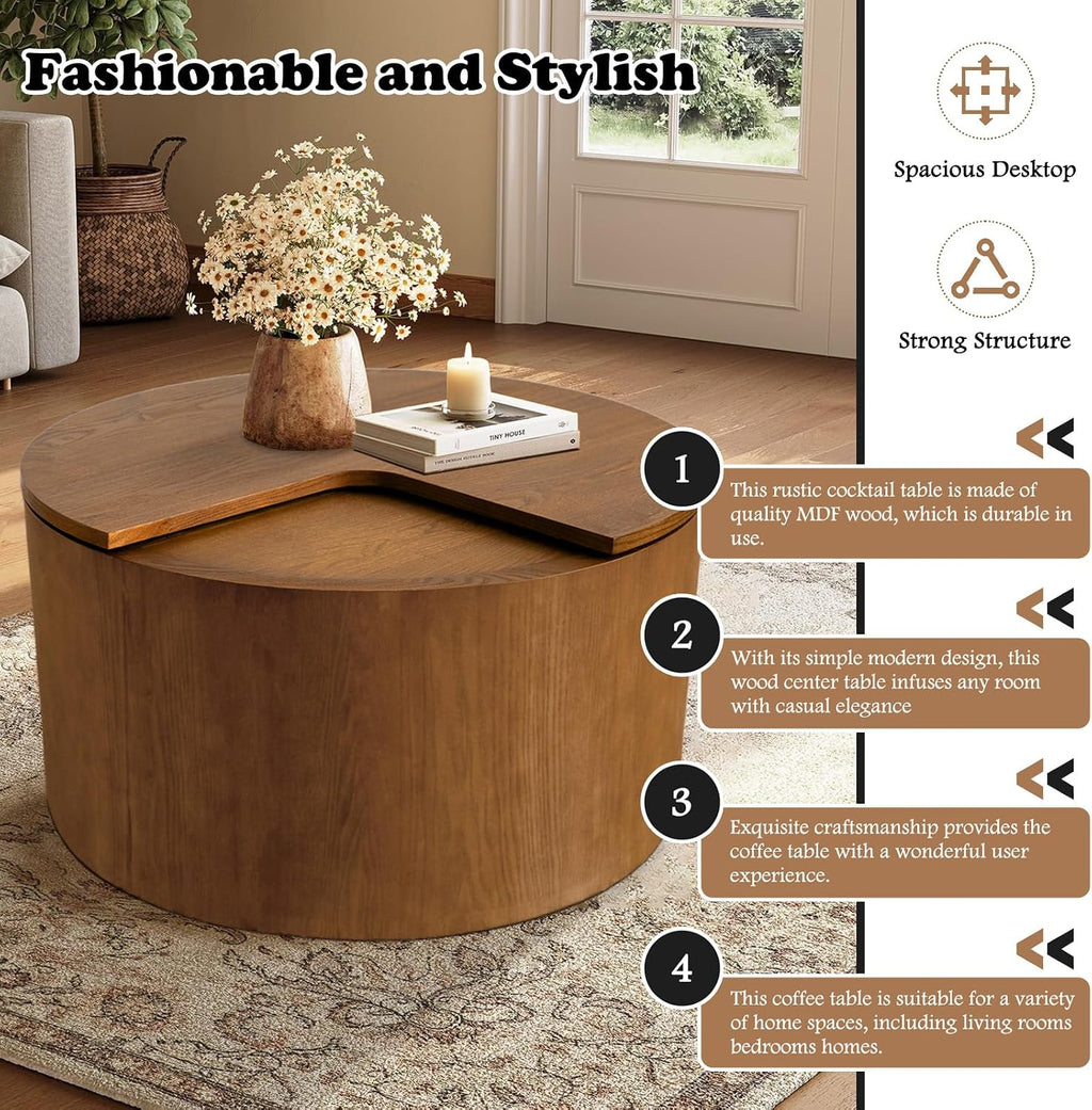 27.16' Round Coffee Table with Storage Modern Wooden Coffee Table Circle Accent Center Table for Living Room Small Space Apartment Office (Circle Brown)