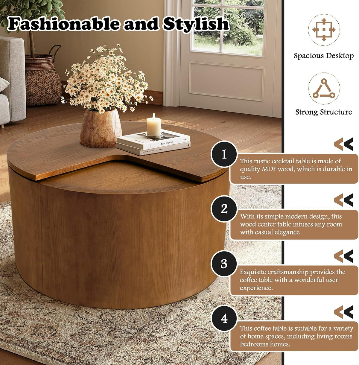 27.16' Round Coffee Table with Storage Modern Wooden Coffee Table Circle Accent Center Table for Living Room Small Space Apartment Office (Circle Brown)