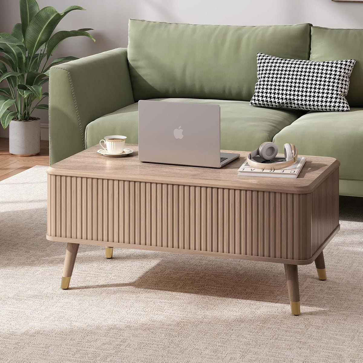 Jiansu furni Lift Top Coffee Table with Storage,Multi-Function Coffee Table with Hidden Compartment & Solid Wood Legs,Mid Century Modern Center Table for Living Room,Oak