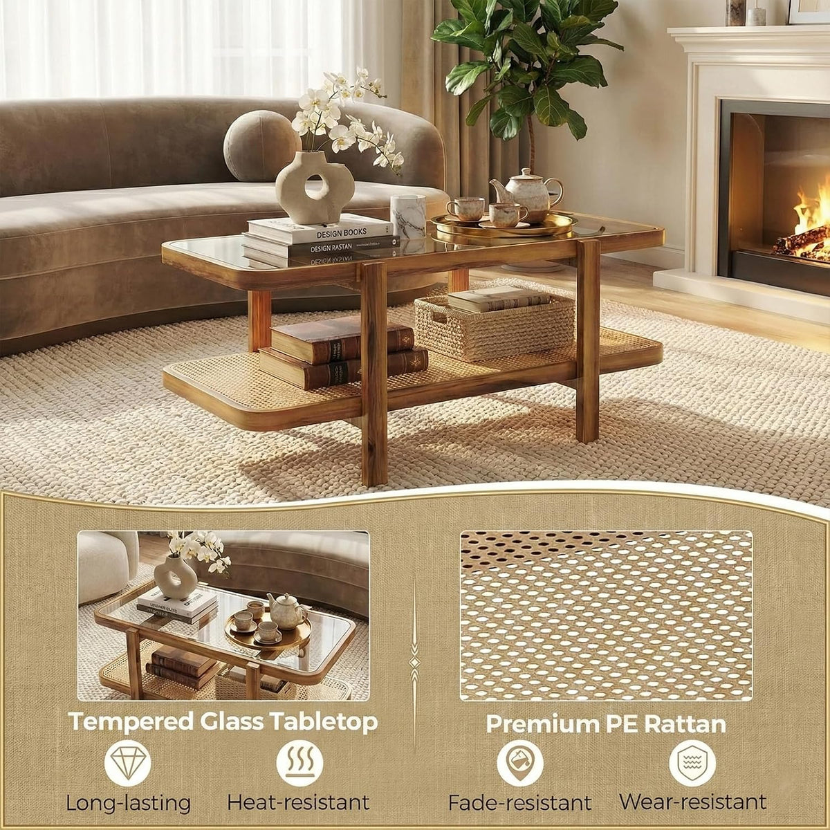 NAFORT Rattan Coffee Table, 47.5' Rectangular Glass Top Coffee Table with Solid Wood Frame and PE Rattan Storage Shelf, 2-Tier Boho Farmhouse Center Table for Living Room or Apartment