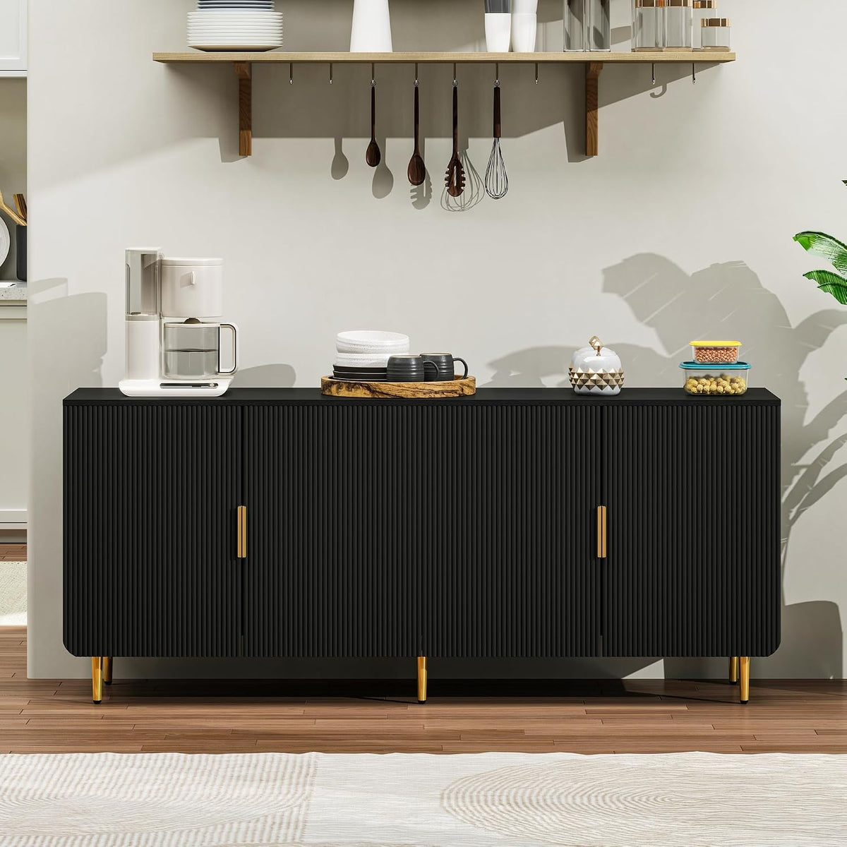65' Fluted Sideboard Buffet Cabinet with Storage, Console Cabinet with 4 Doors & Adjustable Shelves, Modern Buffet Table for Kitchen Dining Living Room Hallway‌ Entryway, Black