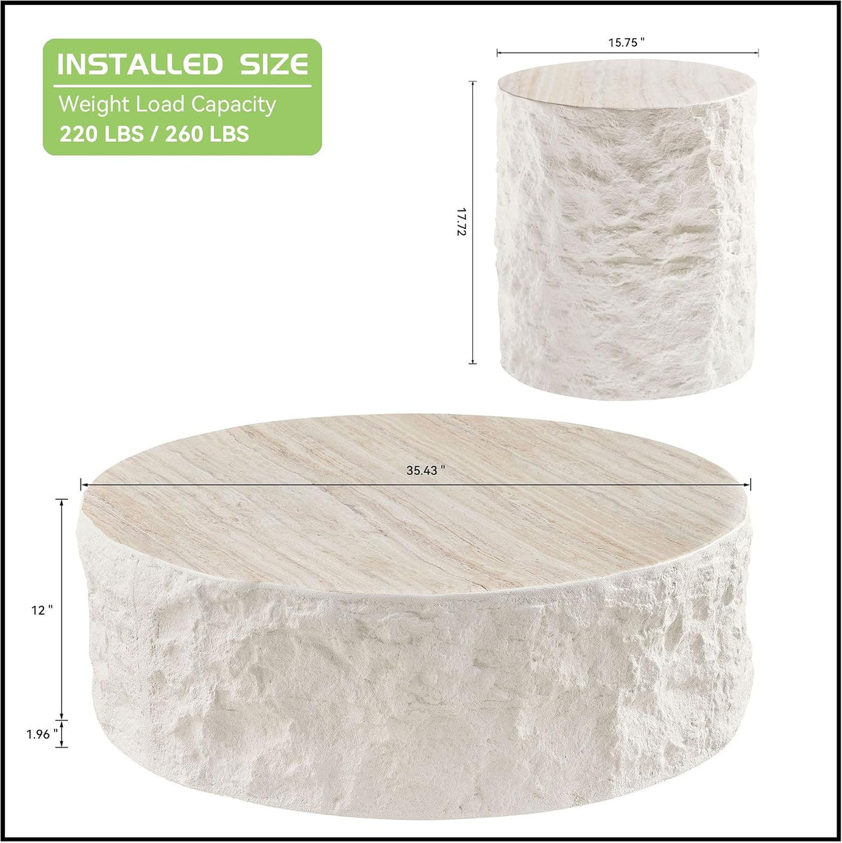 KEVINSPACE Round Coffee Table Set of 2, RoundFiberglass CoffeeTable for Living Room, Side Table for Bedroom Modern Drum CenterTable Circle Stone SideTables for Apartment, No Need Assembly