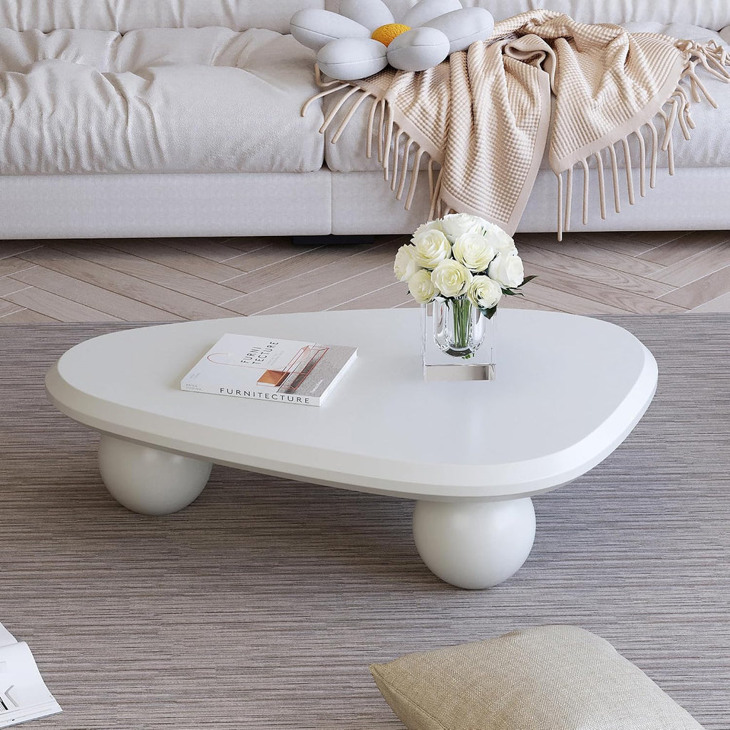 38.58'' Modern Coffee Table with Ball Base, Contemporary Oval Round Cloud Shaped Wood Coffee Table for Living Room, Easy Assembly, Cream White