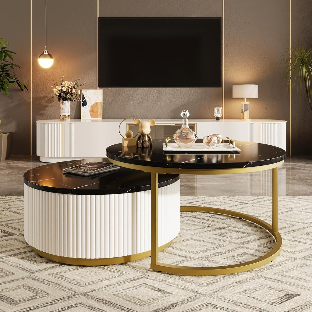 31.5' Black Round Nesting Coffee Table, Modern Coffee Table for Living Room with Storage Drawer Marble Tabletop End Side Table for Bedroom Dining Room