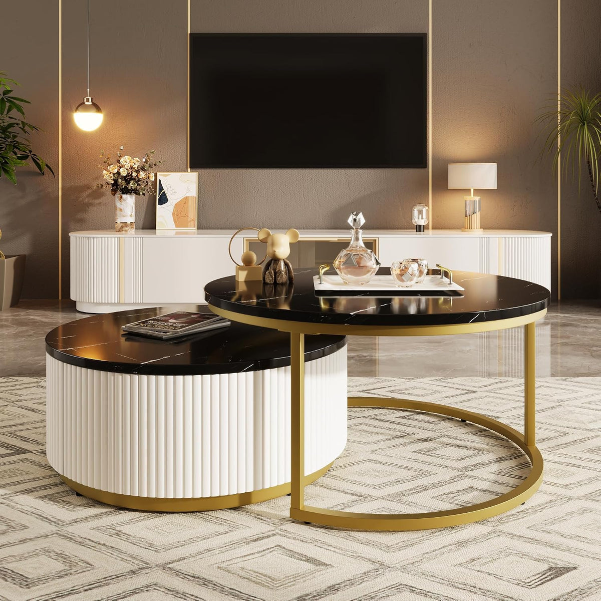 31.5' Black Round Nesting Coffee Table, Modern Coffee Table for Living Room with Storage Drawer Marble Tabletop End Side Table for Bedroom Dining Room