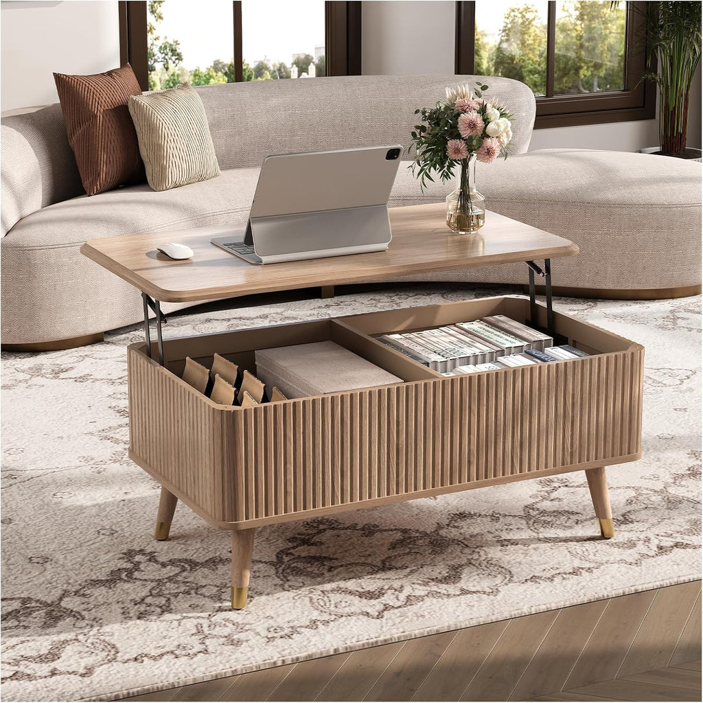 Jiansu furni Lift Top Coffee Table with Storage,Multi-Function Coffee Table with Hidden Compartment & Solid Wood Legs,Mid Century Modern Center Table for Living Room,Oak