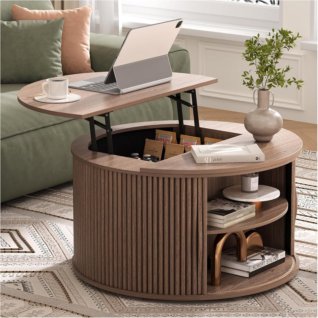 SULIVES Round Coffee Table with Lifting Top, Multifunctional Lift Top Drum Coffee Table with Sliding Door, Small Fluted Center Table for Living Room, Walnut