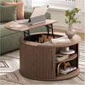 SULIVES Round Coffee Table with Lifting Top, Multifunctional Lift Top Drum Coffee Table with Sliding Door, Small Fluted Center Table for Living Room, Walnut