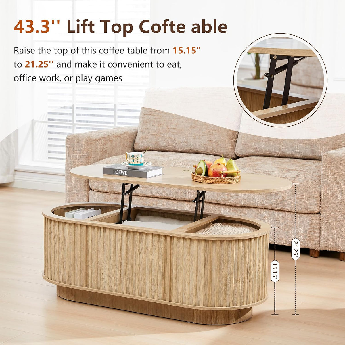 Oval Lift Top Coffee Table with Storage, 43.3'Mid Century Modern Center Table with Hidden Compartment, Fluted Wooden Lift Tabletop Dining Table for Living Room Apartment Home Office,Natural