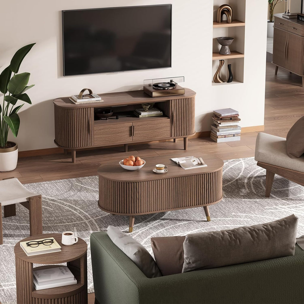 Jiansu furni Lift Top Coffee Table with Storage,42.5' Oval Coffee Table with Hidden Compartment & Solid Wood Legs,Modern Fluted Center Table for Living Room,Home Office,Walnut