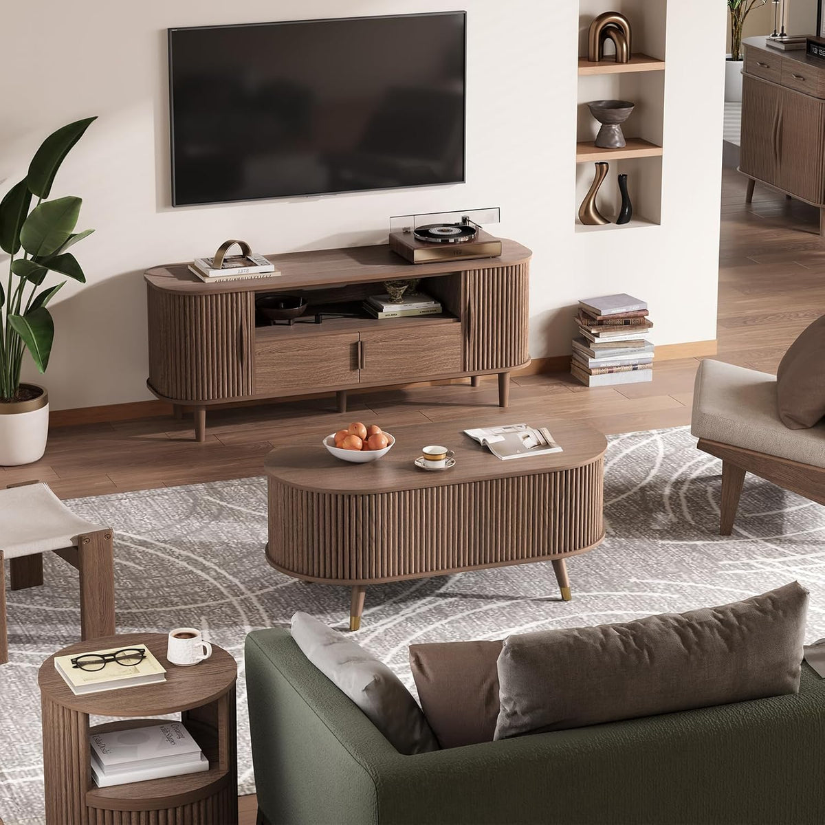 Jiansu furni Lift Top Coffee Table with Storage,42.5' Oval Coffee Table with Hidden Compartment & Solid Wood Legs,Modern Fluted Center Table for Living Room,Home Office,Walnut