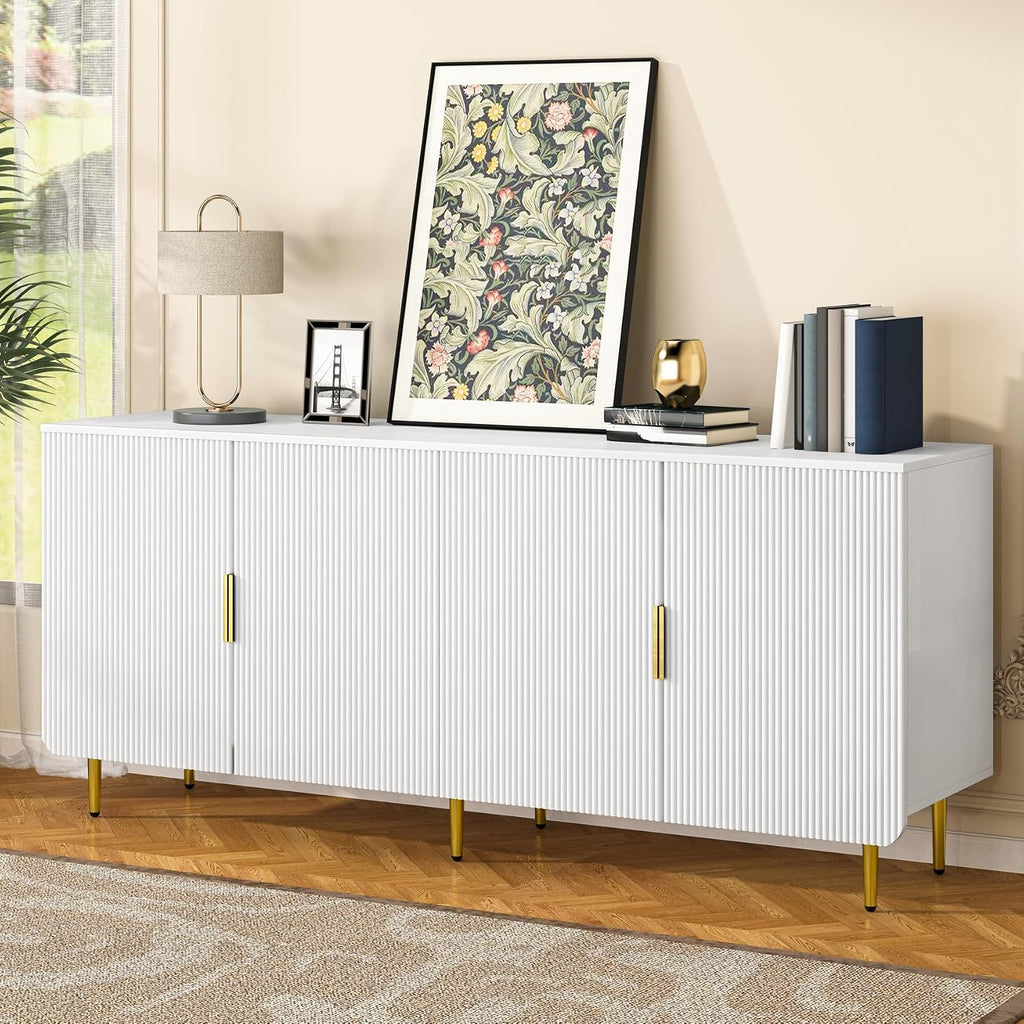 65' Fluted Sideboard Buffet Cabinet with Storage, Console Cabinet with 4 Doors & Adjustable Shelves, Modern Buffet Table for Kitchen Dining Living Room Hallway‌ Entryway, White