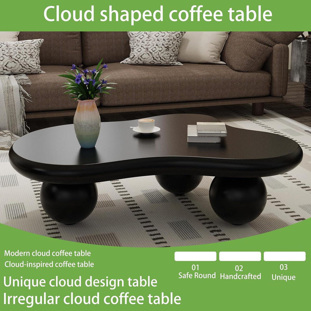 Cloud Coffee Table, Cute Irregular Coffee/Tea Table with Large Tabletop, Accent Cocktail Table, Cloud Shape Modern Coffee Table for Living Room, Office, Home Dec (D Black 46.06in)
