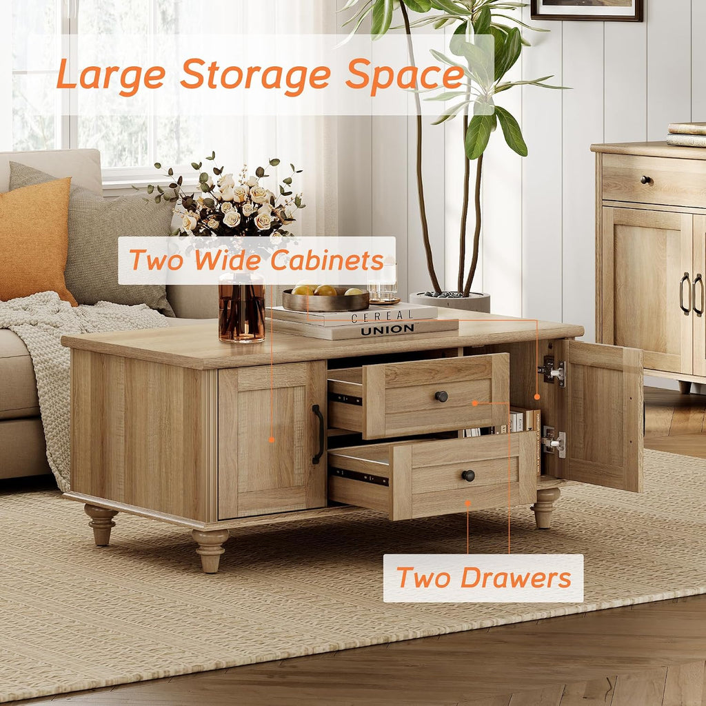 WAMPAT 3 Pieces Wooden Living Room Table Set, One Farmhouse Coffee Table with Storage Cabinet & Drawer, Set of 2 End Tables Nightstands with Charging Station, Oak