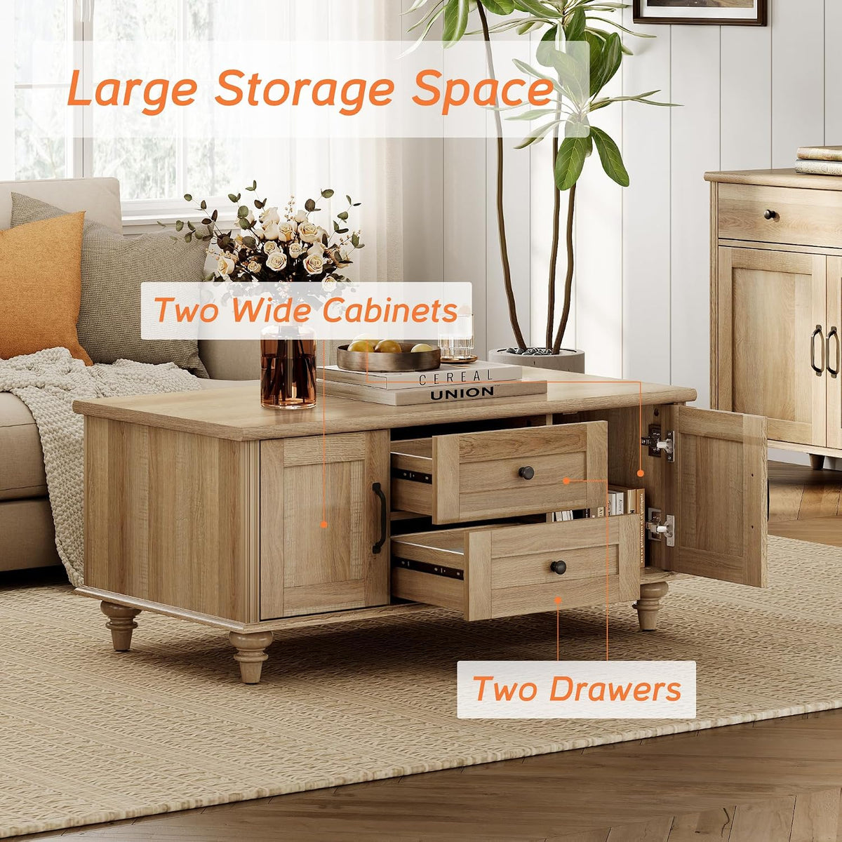 WAMPAT 3 Pieces Wooden Living Room Table Set, One Farmhouse Coffee Table with Storage Cabinet & Drawer, Set of 2 End Tables Nightstands with Charging Station, Oak