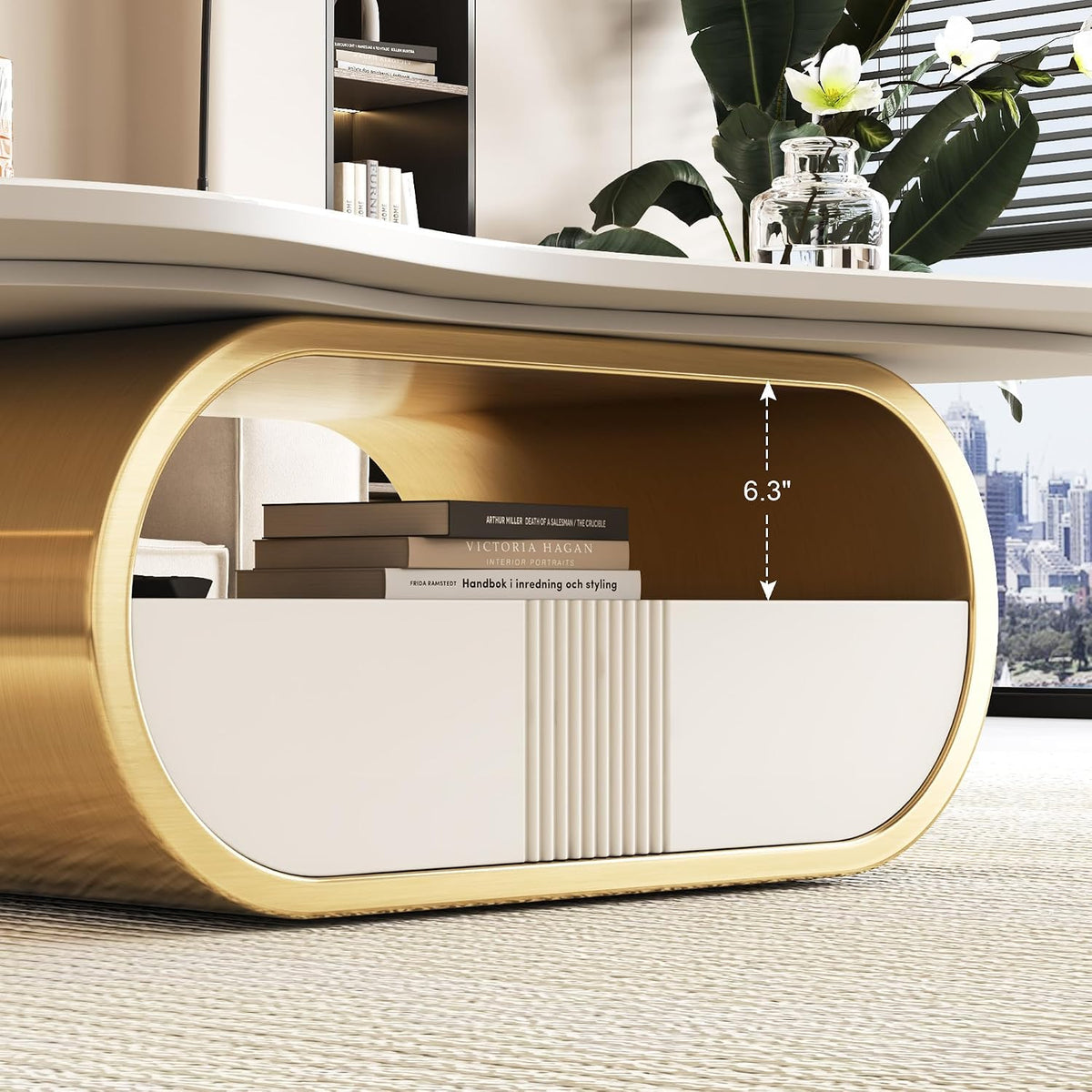 SSLine Modern Cloud Coffee Table Luxury Sintered Stone Top Coffee Table with Sculptural Geometric Stainless Steel Base and Storage Drawer,White Marble Grain Center Table for Living Room,Gold