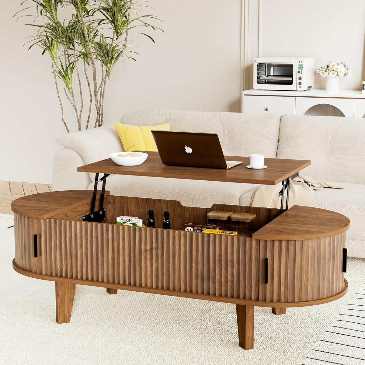 47.2' Oval Coffee Table with Storage, Lift Top Coffee Table for Living Room, Modern Wood Fluted Center Table with 180° Sliding Tambour Door