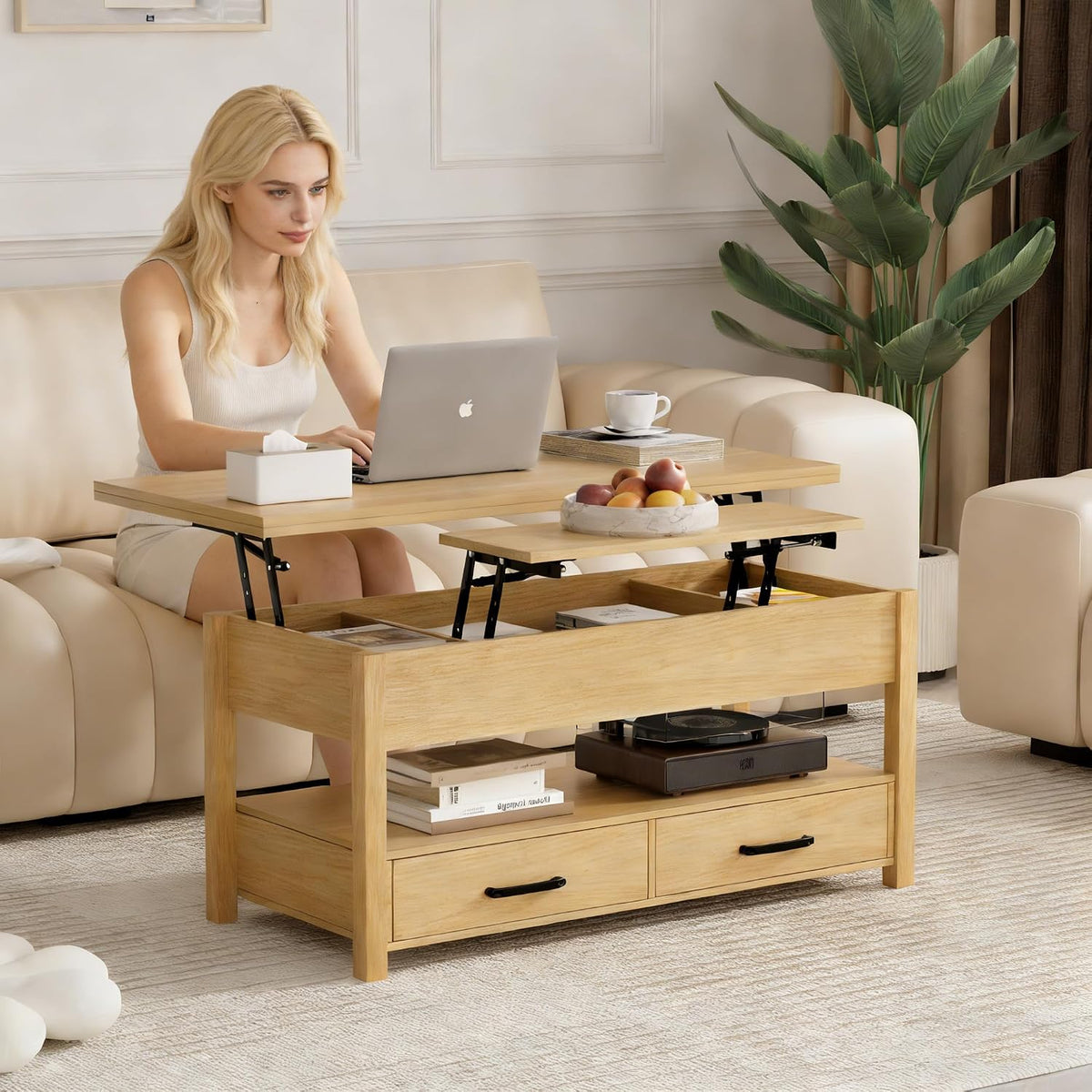 SYESWAY 42'' Lift Top Coffee Table, 4-in-1 Multifunctional Lift Coffee Table with Storage & Hidden Compartments, Farmhouse Coffe Table with Lifting top for Living Room, Dining Reception Room, Wood