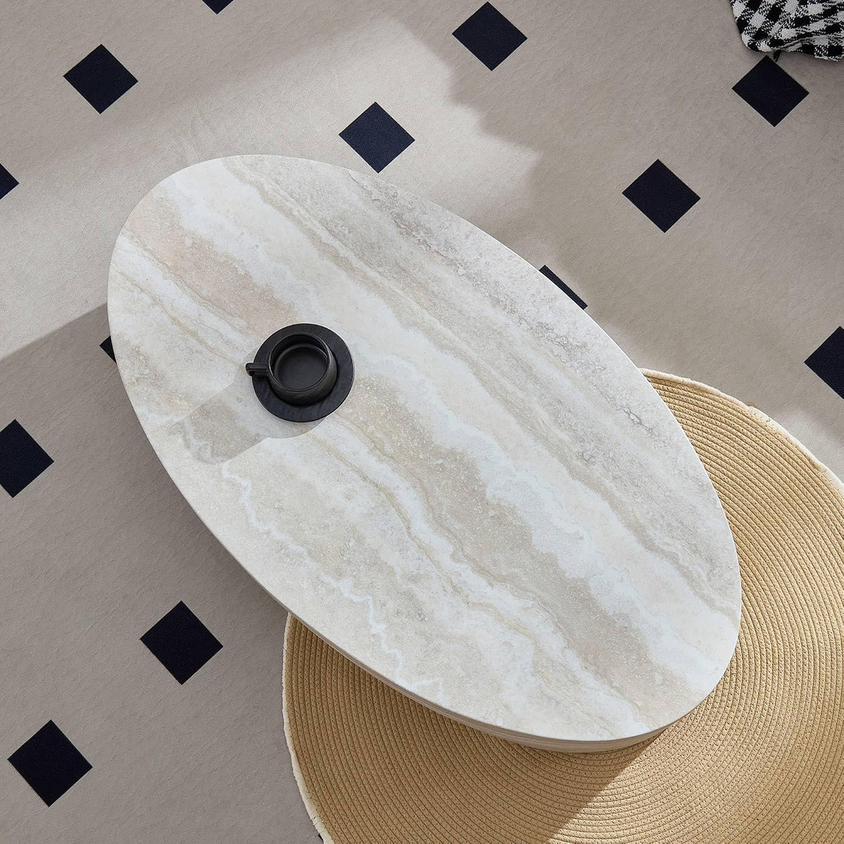 43.31' Oval Fiberglass Coffee Table, Modern Center Table for Living Room, No-Assembly Stone-Look Accent Table, Oval Marble-Inspired Coffee Table, Ivory Travertine Texture
