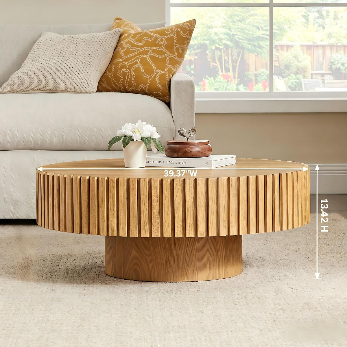 KEVINSPACE Round Coffee Table, 39' Big Wooden Fluted Coffee Table with Fluted Base, Circle Accent Center Table for Living Room Apartment Office Small Space, Easy Assembly, Wood