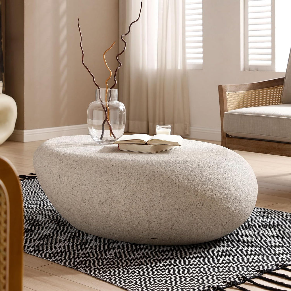 43.3' Faux Stone Coffee Table Modern Unique Coffee Table Oval Center Tables Round Edge Design Fiberglass Oval Accent Tables for Living Room Office Apartment No Assembly, Cream White
