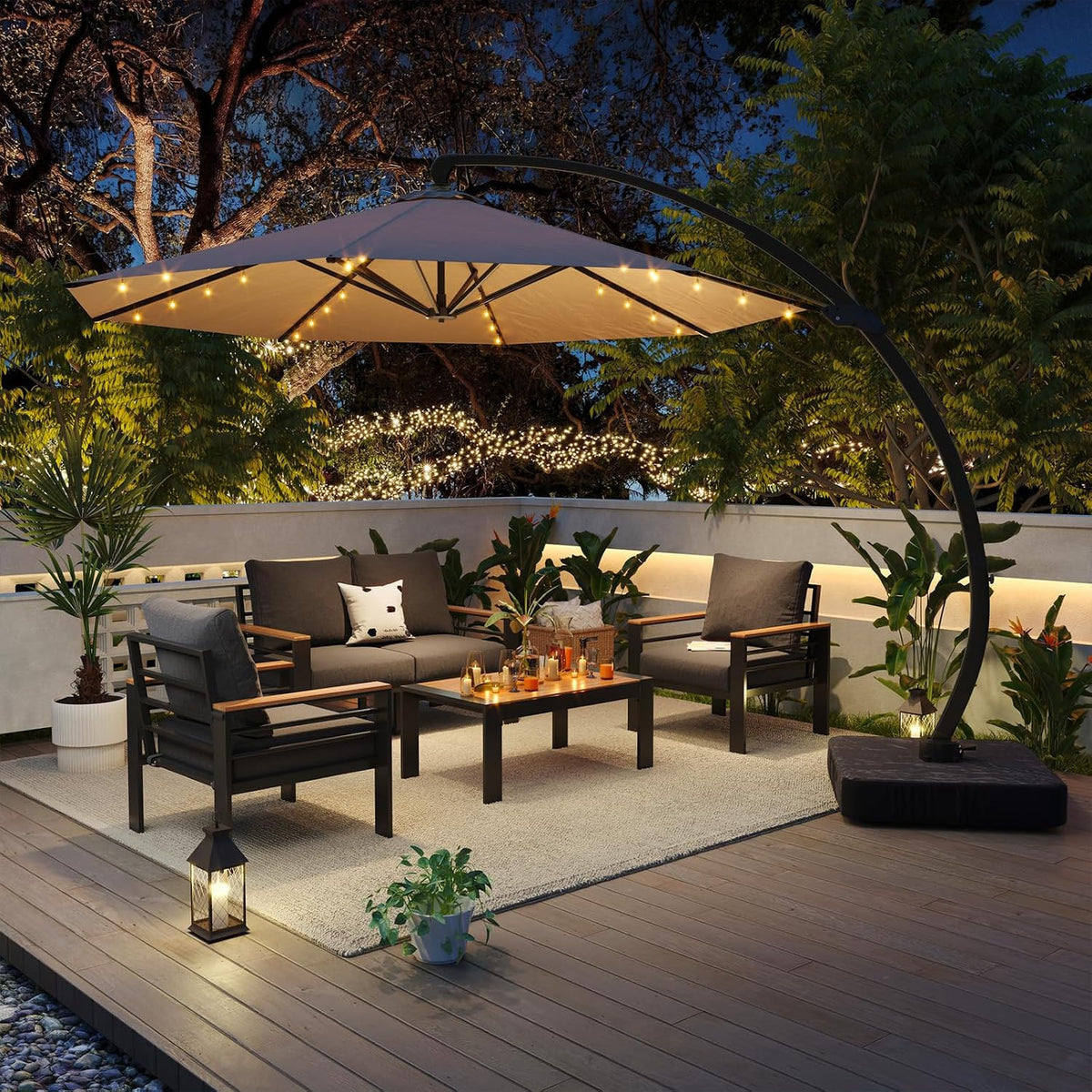 Aoxun Aluminum Patio Furniture Set with Umbrella 4 Seats, Oversized Outdoor Sectional with Washable Thick Cushions, Coffee Table, Patio Conversation Sets for Porch, Balcony, Deck