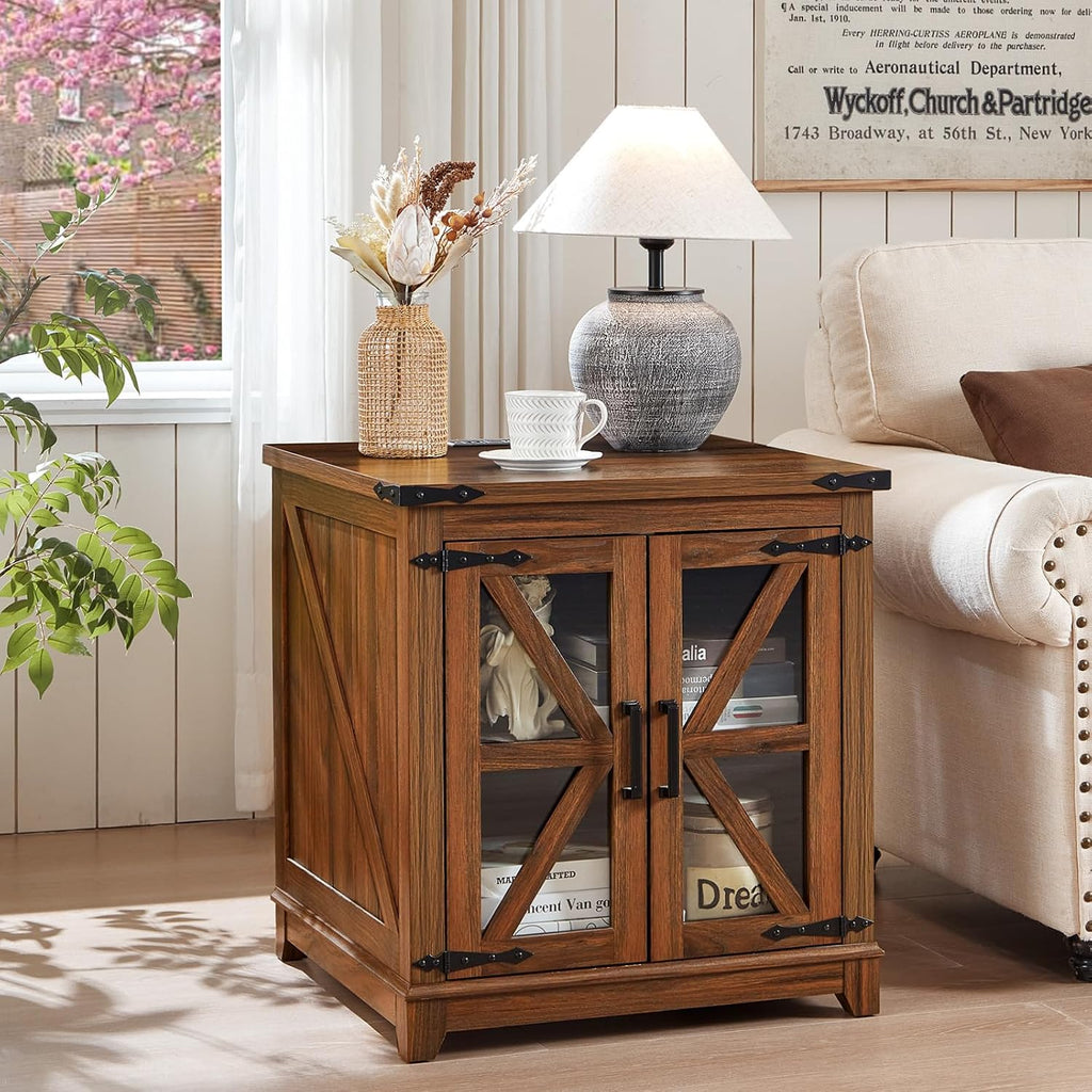 Joaxswe Farmhouse End Table with Charging Station, 24' Large Sofa Side Table with Glass Barn Door, Nightstand with Adjustable Storage Shelf,Wood Square Bedside Table for Living Room,Bedroom