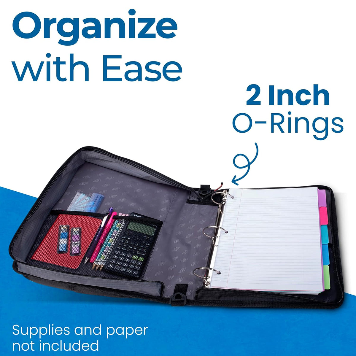 Case-it Universal Zipper Binder | 2-Inch O-Rings,13-Inch Laptop/Tablet Padded Pocket,400 Sheet Capacity,Multiple Storage Pockets&Shoulder Strap | School&Office Organizer-| LT-007 Jet Black,(Pack of 6)