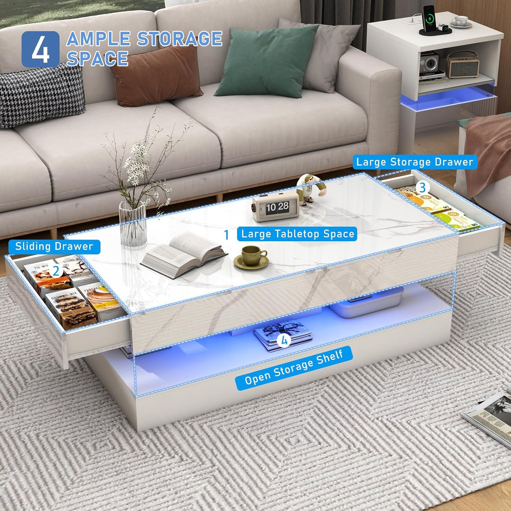 chartustriable 47.2' Large High-Glossy LED Coffee Table with 2 Sliding Drawers, Living Room Storage Coffee Tables with Marbling Print, Modern Stylish Double-Layer Center Tables w/LED Lights, White