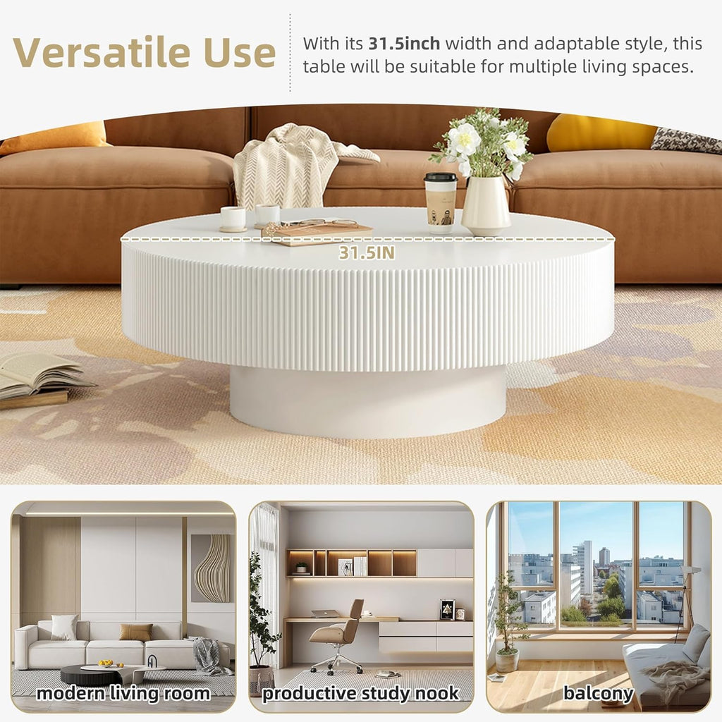 Round 31.5' Coffee Table with 6.8' Thick Tabletop,Modern Drum End Table,Minimalist Fluted Center Table with Sturdy Base for Living Room,Elegant Easy Assembly,White