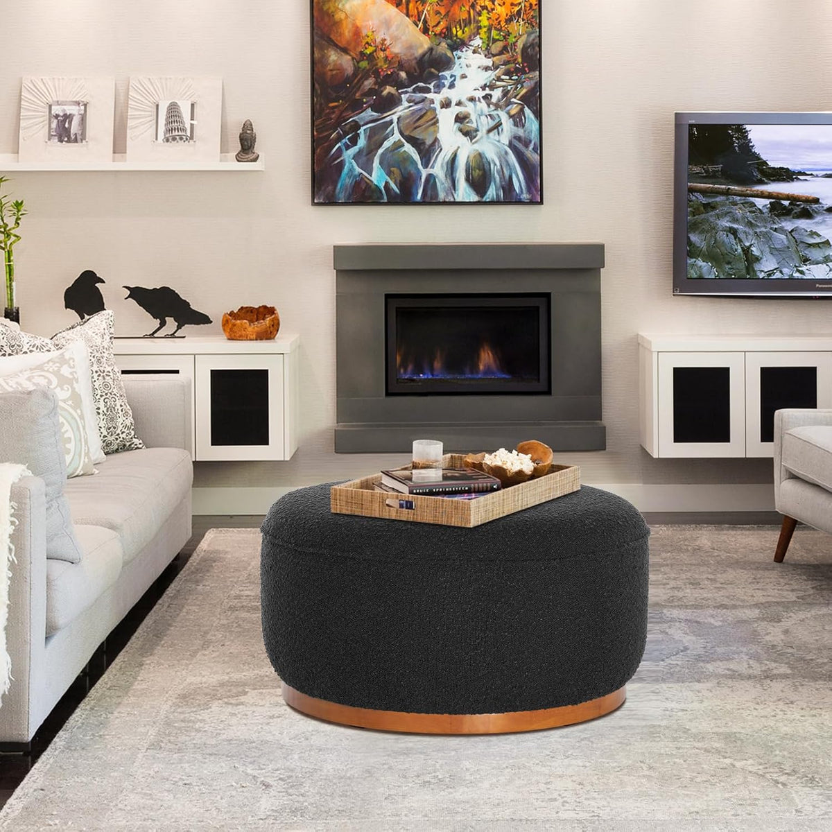 Round Ottoman Coffee Table 30' Premium Fabric upholstered Coffee Table with high Density Foam and Solid Wood Frame, Stylish and Practical Living Room Furniture, Black
