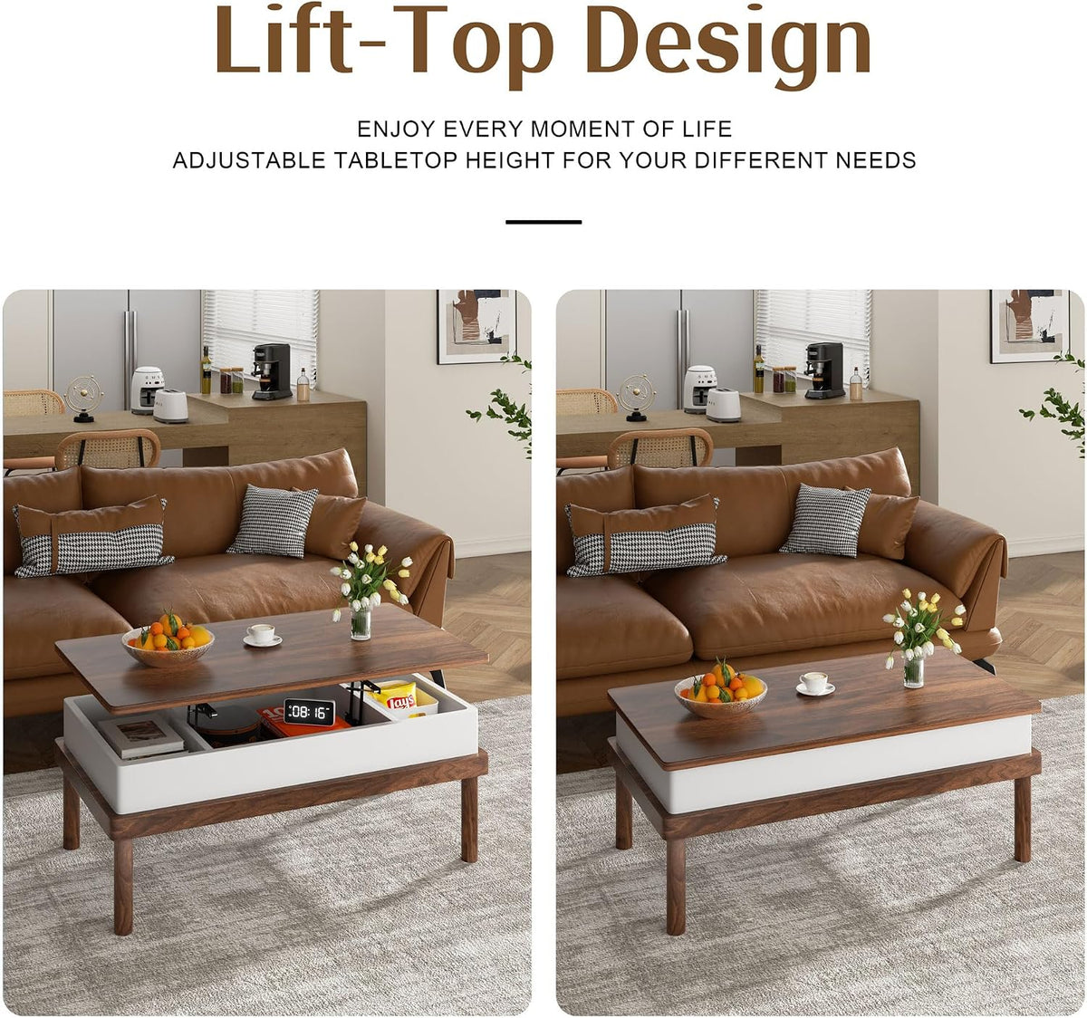 Shintenchi Coffee Table, Lift Top Coffee Table with Hidden Compartment, Rising Tabletop Dining Table, Lift Top Coffee Center Table for for Living Room, Office, Home (Walnut)