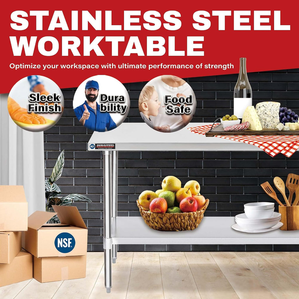 DuraSteel 24x60 Stainless Steel Work Table - NSF Commercial Prep Metal Table w/Adjustable Under Shelf - Kitchen Outdoor Pizza Oven Stand, Garage Workbench, Laundry Utility Worktable - 350 lb Capacity