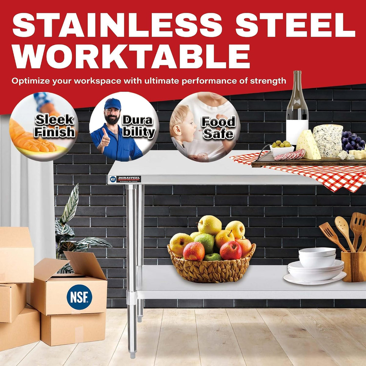 DuraSteel 24x60 Stainless Steel Work Table - NSF Commercial Prep Metal Table w/Adjustable Under Shelf - Kitchen Outdoor Pizza Oven Stand, Garage Workbench, Laundry Utility Worktable - 350 lb Capacity