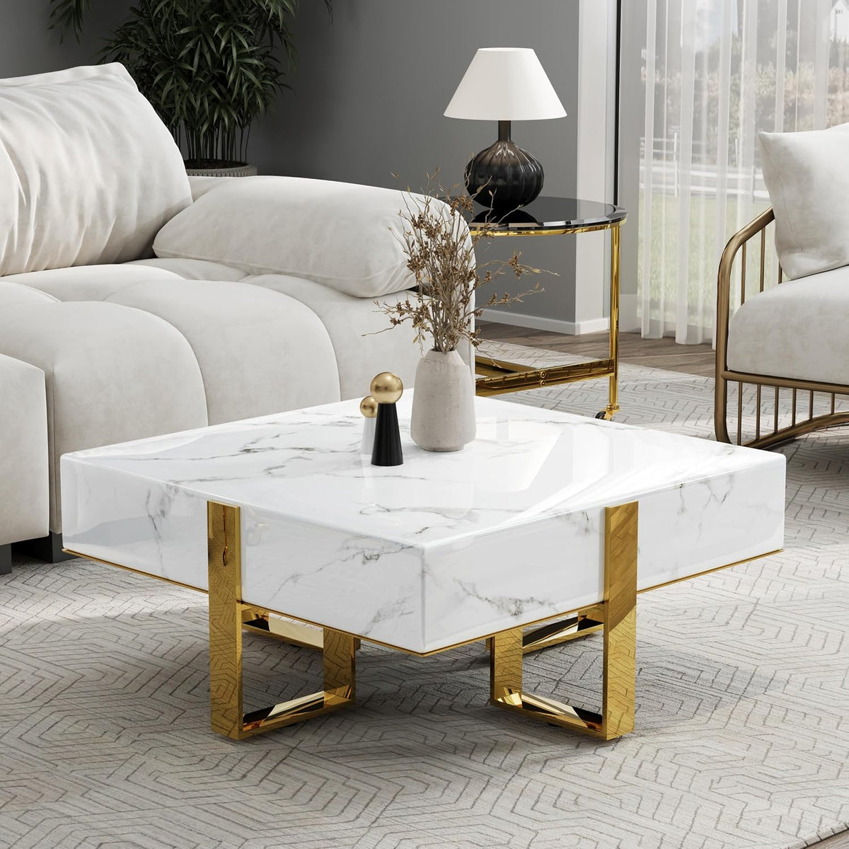 BQueen White Faux Marble Coffee Table with Polished Gold Base for Living Room Apartment Office