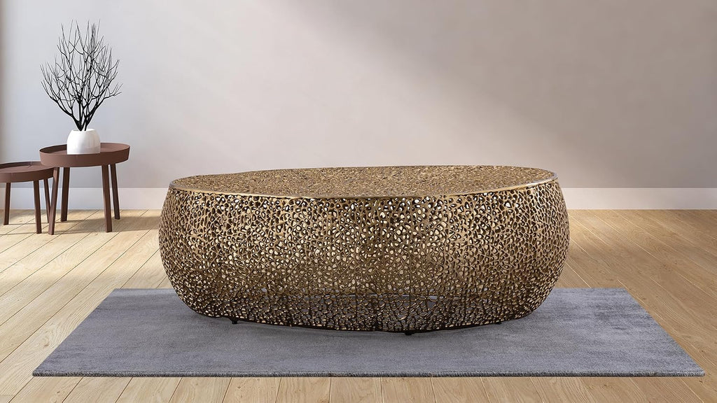 Oval Coffee Table with Iron Hollow Design in Black & Silver & Gold,Drum Tea Central Table for Living Room No Assemble
