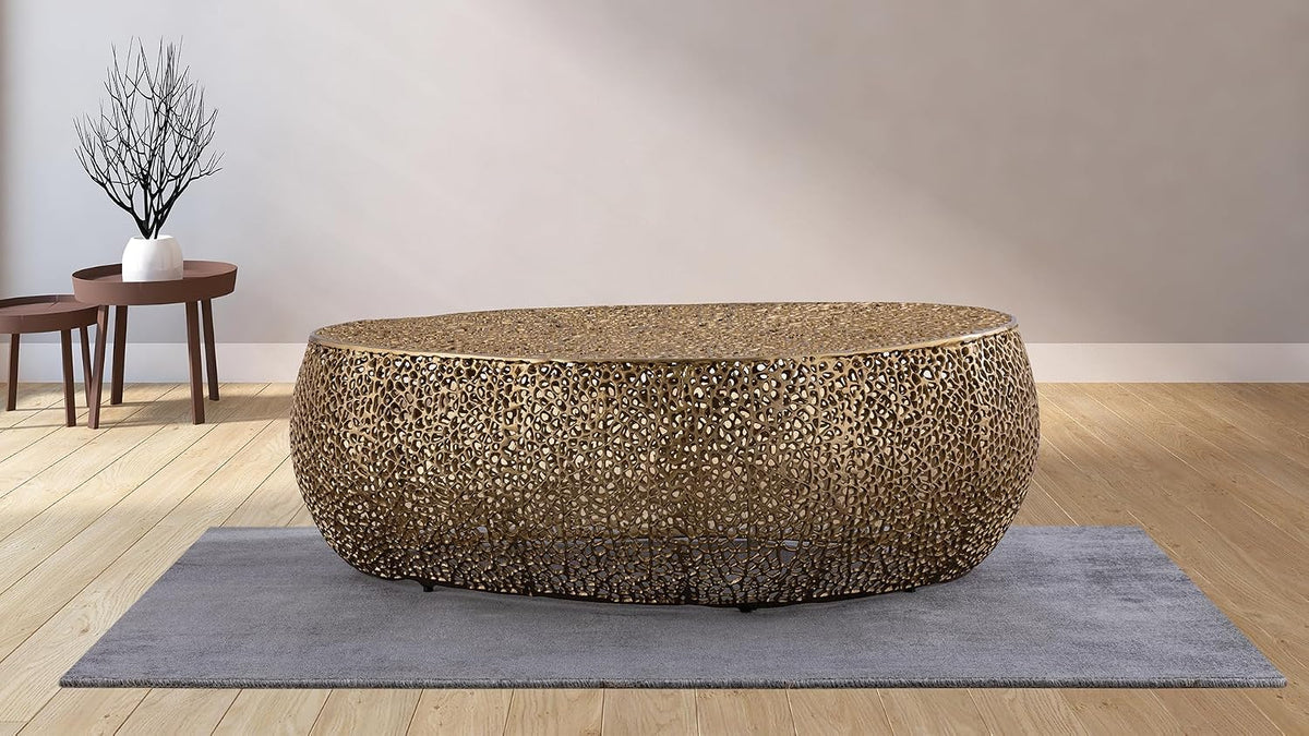 Oval Coffee Table with Iron Hollow Design in Black & Silver & Gold,Drum Tea Central Table for Living Room No Assemble