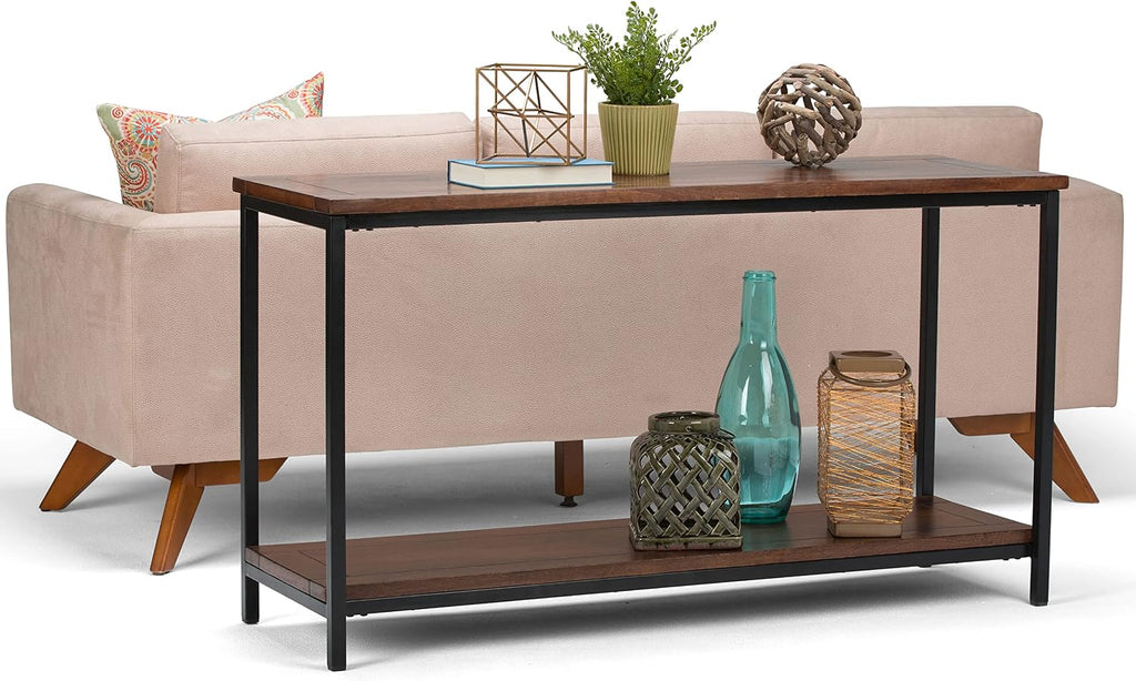 SIMPLIHOME Skyler Console Table - 54 Inch Wide Solid Mango Wood and Metal Sofa Table in Dark Cognac Brown, Industrial Entryway Table for Living Room with Open Bottom Shelf and Black Steel Frame