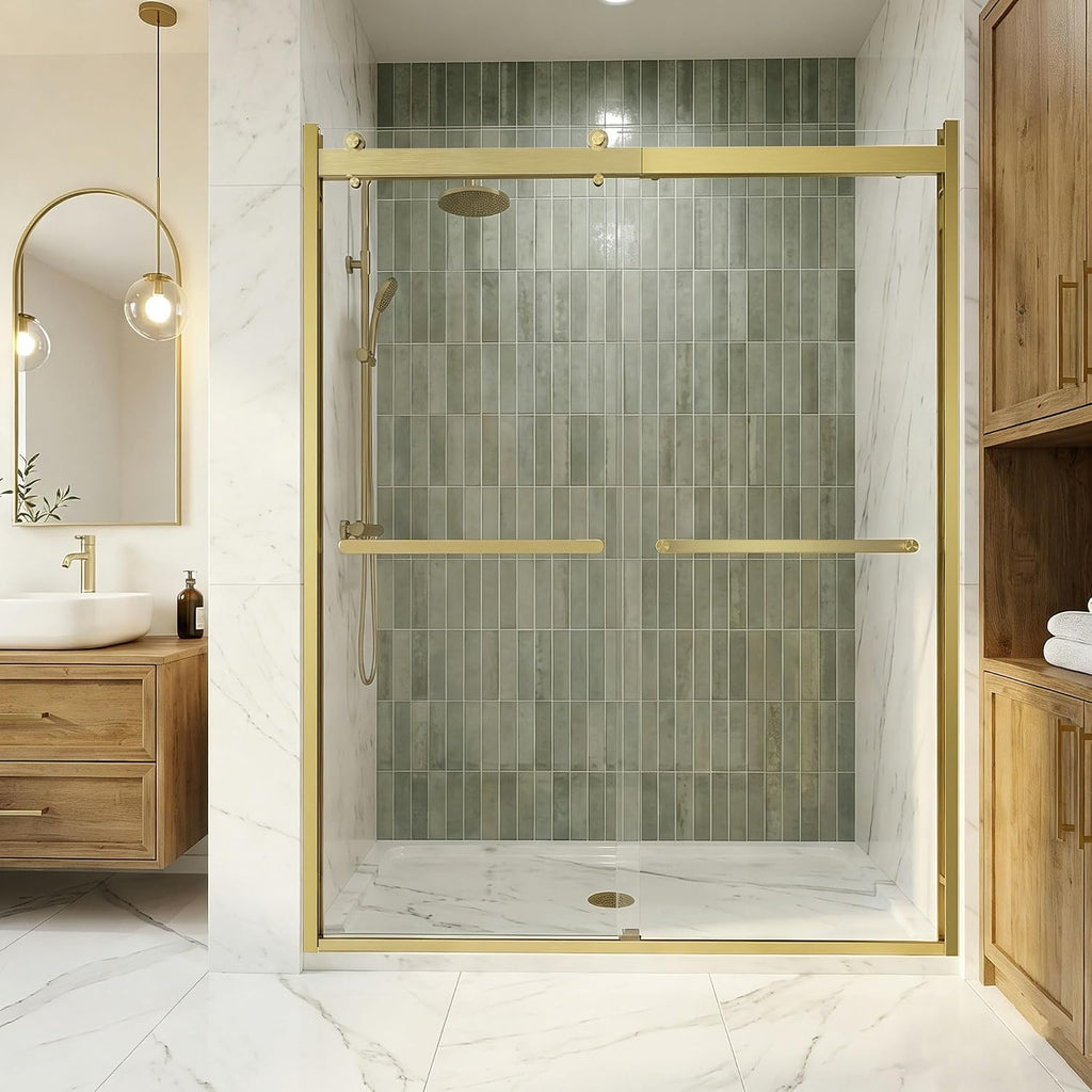 Sliding Shower Door, 48' W x 76' H Semi-Frameless Double Sliding Glass Shower Door with 5/16'' (8mm) Clear ASNI SGCC Tempered Glass, Bypass Shower Enclosure, Brushed Gold