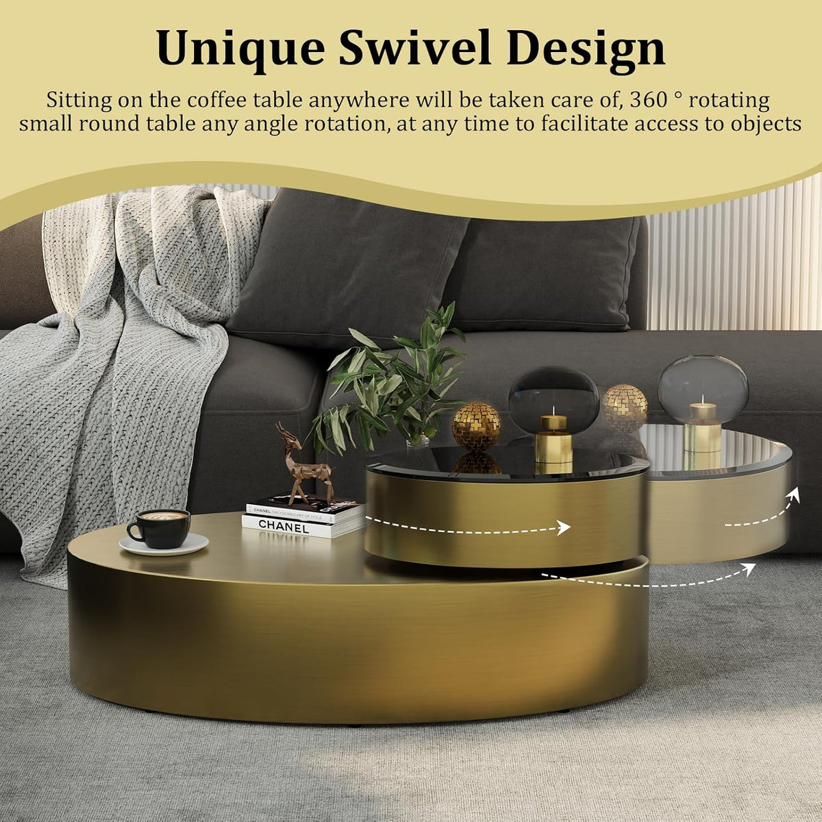 Oval Rotating Coffee Table with Tempered Glass Top, 2-Tier Design & 360° Swivel Base, Brushed Gold Finish - Modern Center Table for Living Room, Office, Apartment