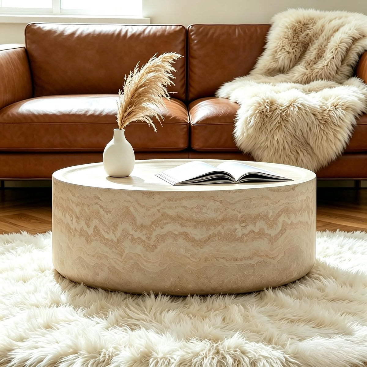 31 inch Round Coffee Table Marble Faux Pattern for Living Room Small Modern Stone Low Coffee Tables Drum Center Apartment No Assembly Required