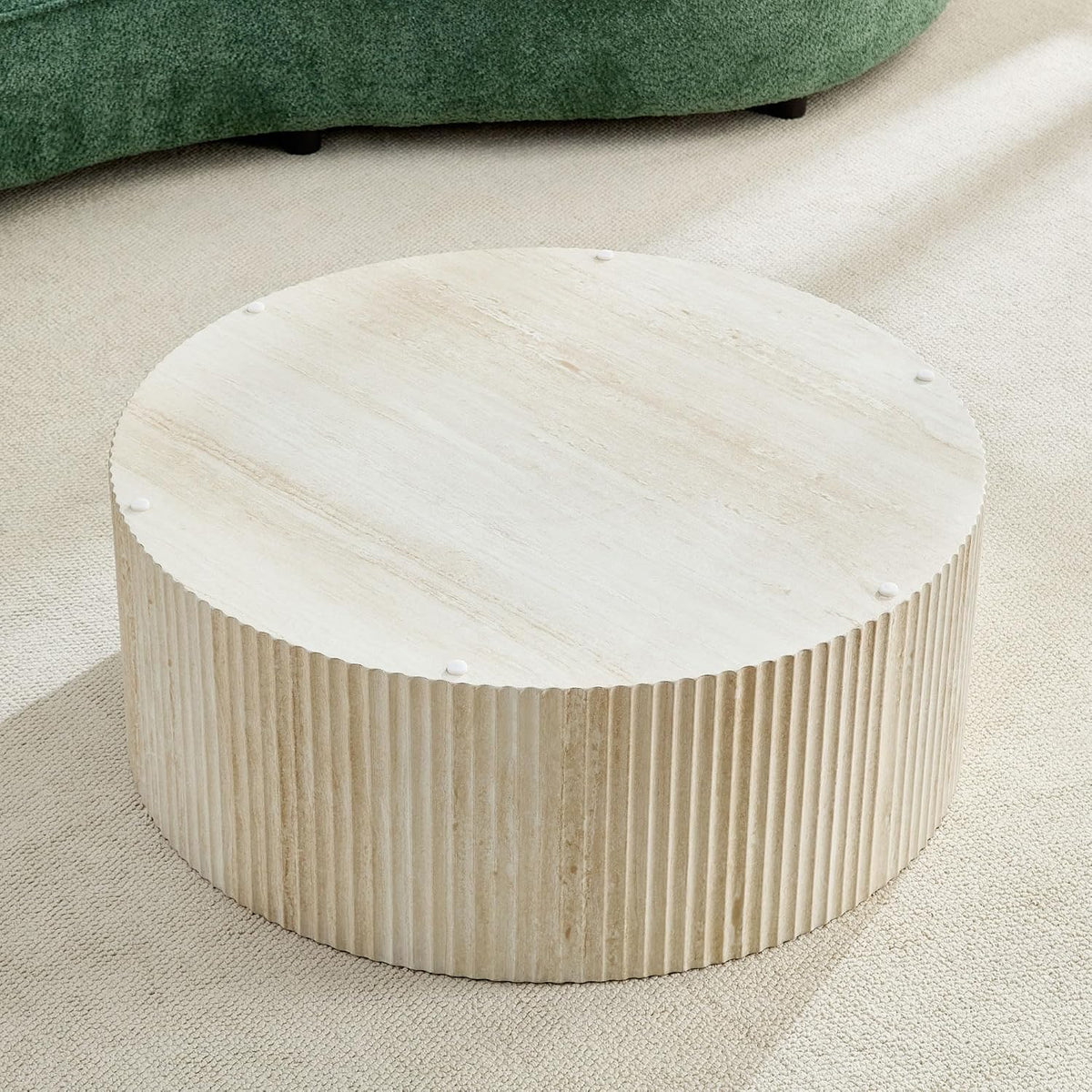 Round Coffee Table for Living Room, Circle Center Table Moder Faux Travertine Pattern Table with Relief Design for Apartment (35.43', MDF, No Assembly)