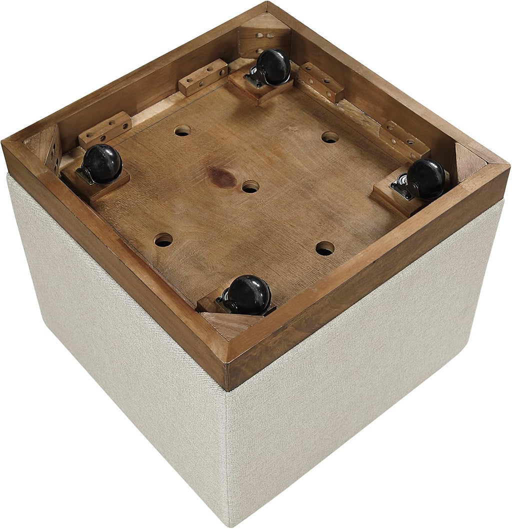 Lexicon 44' Square Coffee Table with 4 Upholstered Stools, Maple Veneer Wood Cocktail Table, Gray Upholstered Stools with Casters, Modern Living Room/Apartment Centerpiece, Full Assembled, Brown