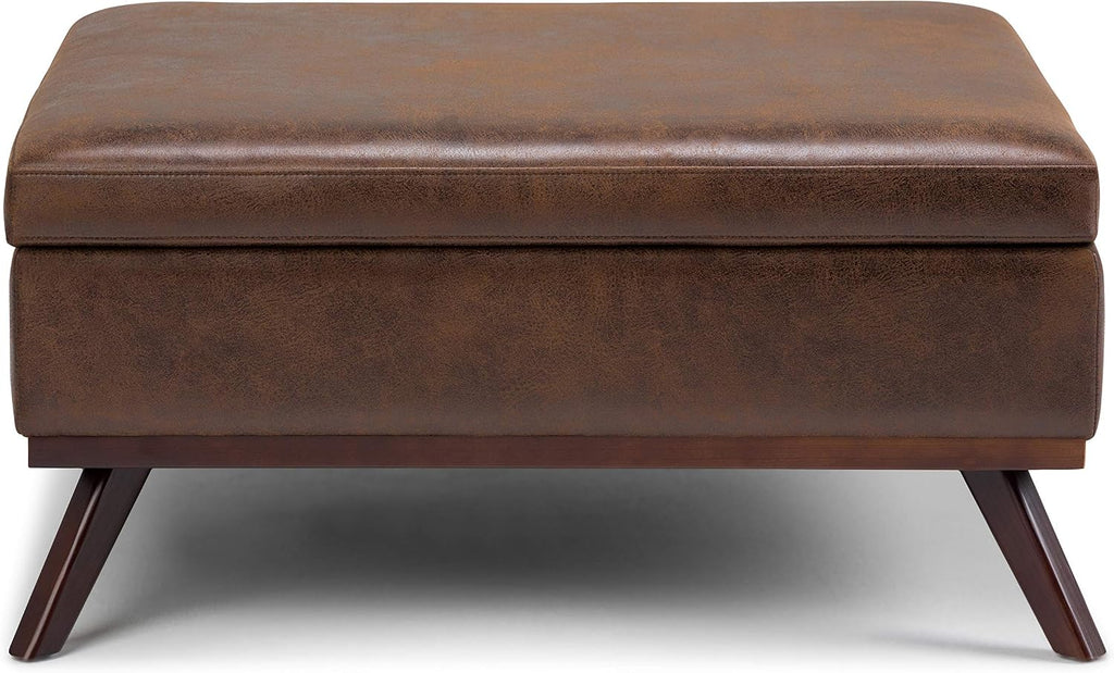 SIMPLIHOME Owen Square Coffee Table Storage Ottoman - 36 inch Wide Upholstered Vegan Leather Lift-Top Ottoman in Distressed Chestnut Brown, Mid-Century Ottoman for Living Room with Tufted Detail