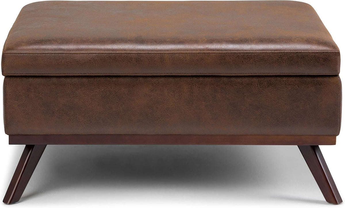 SIMPLIHOME Owen Square Coffee Table Storage Ottoman - 36 inch Wide Upholstered Vegan Leather Lift-Top Ottoman in Distressed Chestnut Brown, Mid-Century Ottoman for Living Room with Tufted Detail