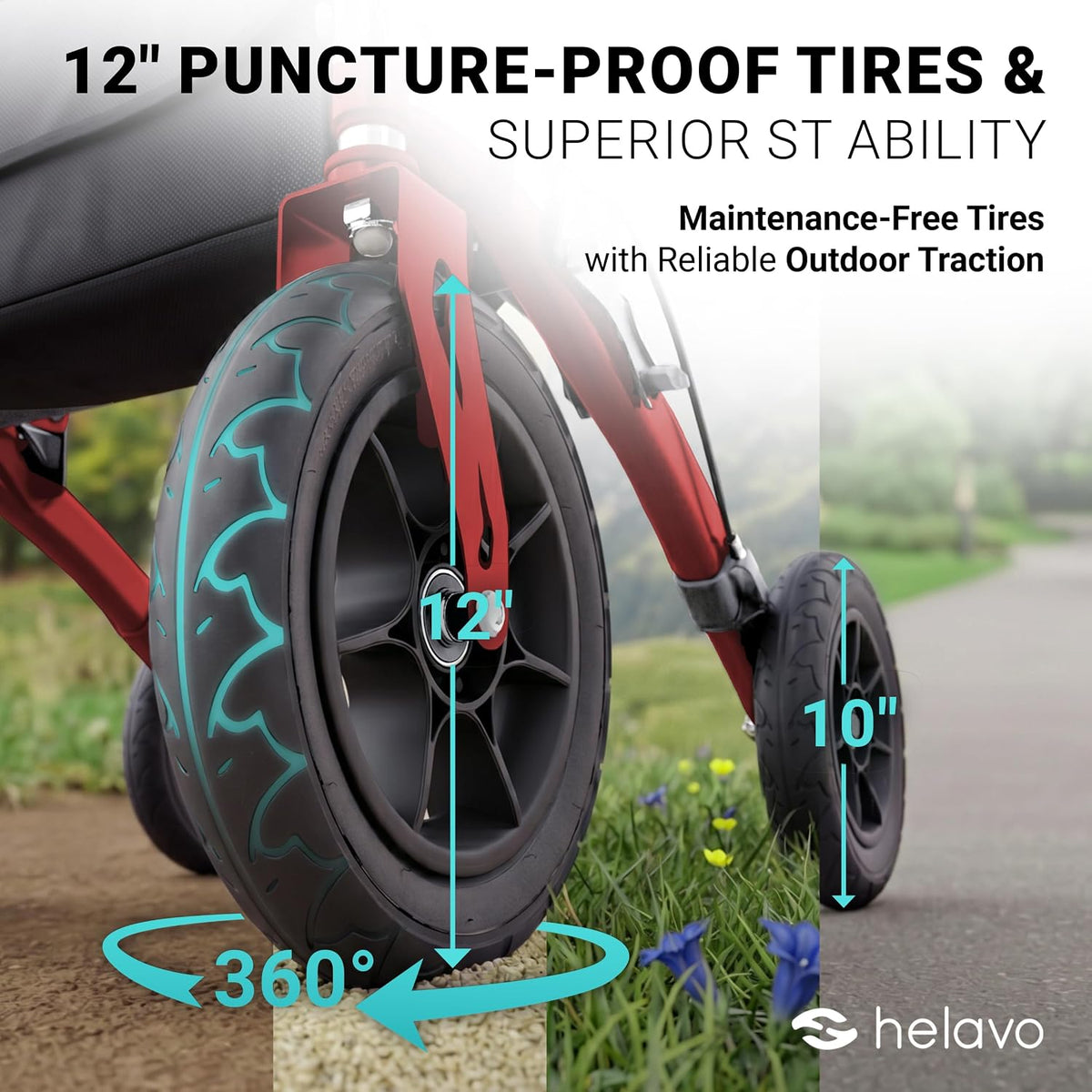 Helavo All Terrain Walker with Puncture-Proof, Flat-Free Solid Rubber Tires, 12' Wheels - Foldable Outdoor Walker for Seniors with Seat, Ergonomic Handles and Extra Padded Backrest