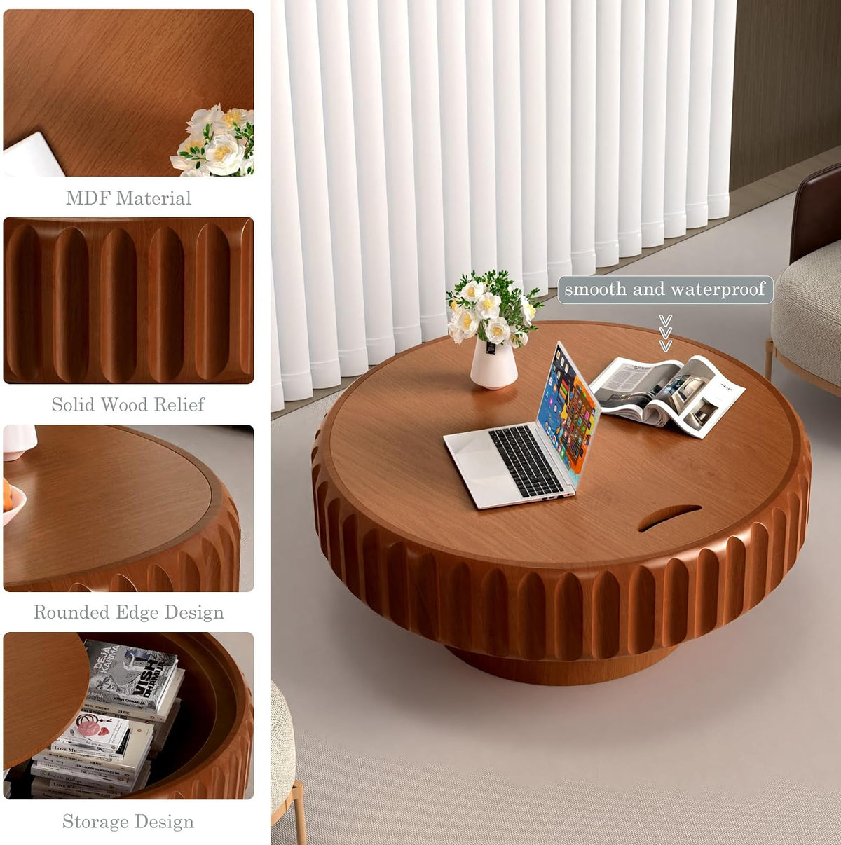 Round Coffee Tables with Storage Fluted Drum Coffee Table with Solid Wood Relief, Modern Circle Wooden Coffee Tables Brown Center Table Accent Tea Table for Living Room Apartment (Round 31.5'')